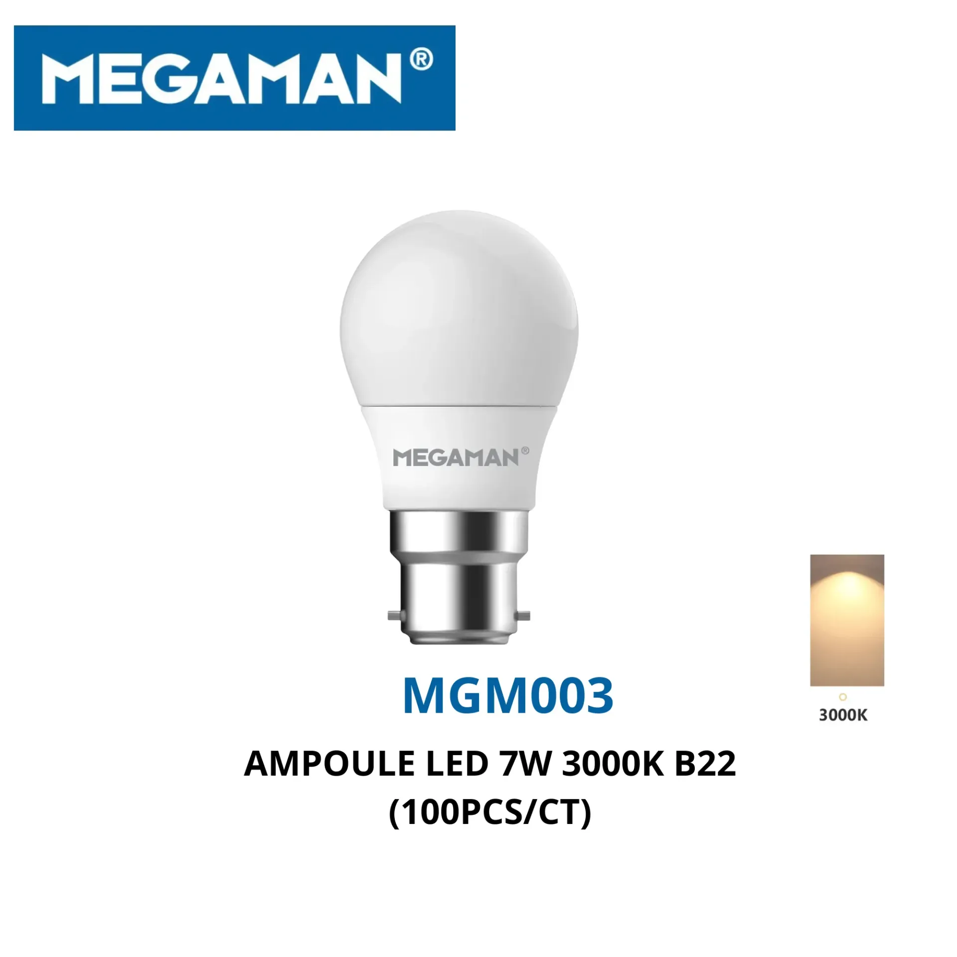 [MGM003] Ampoule led 7w 3000k B22 megaman (100pcs/ct)