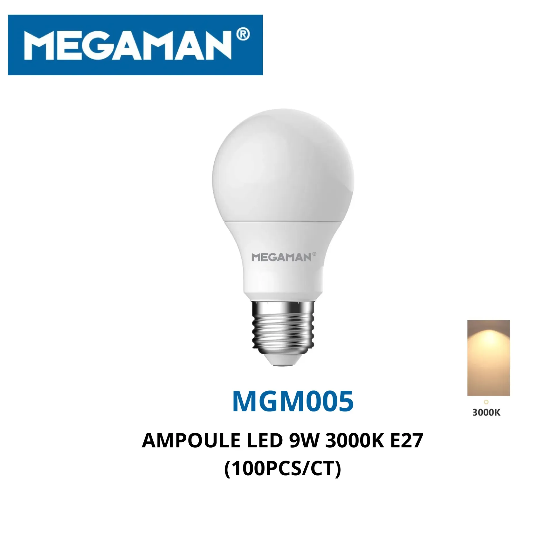 [MGM005] Ampoule led 9w 3000k E27 megaman (100pcs/ct)