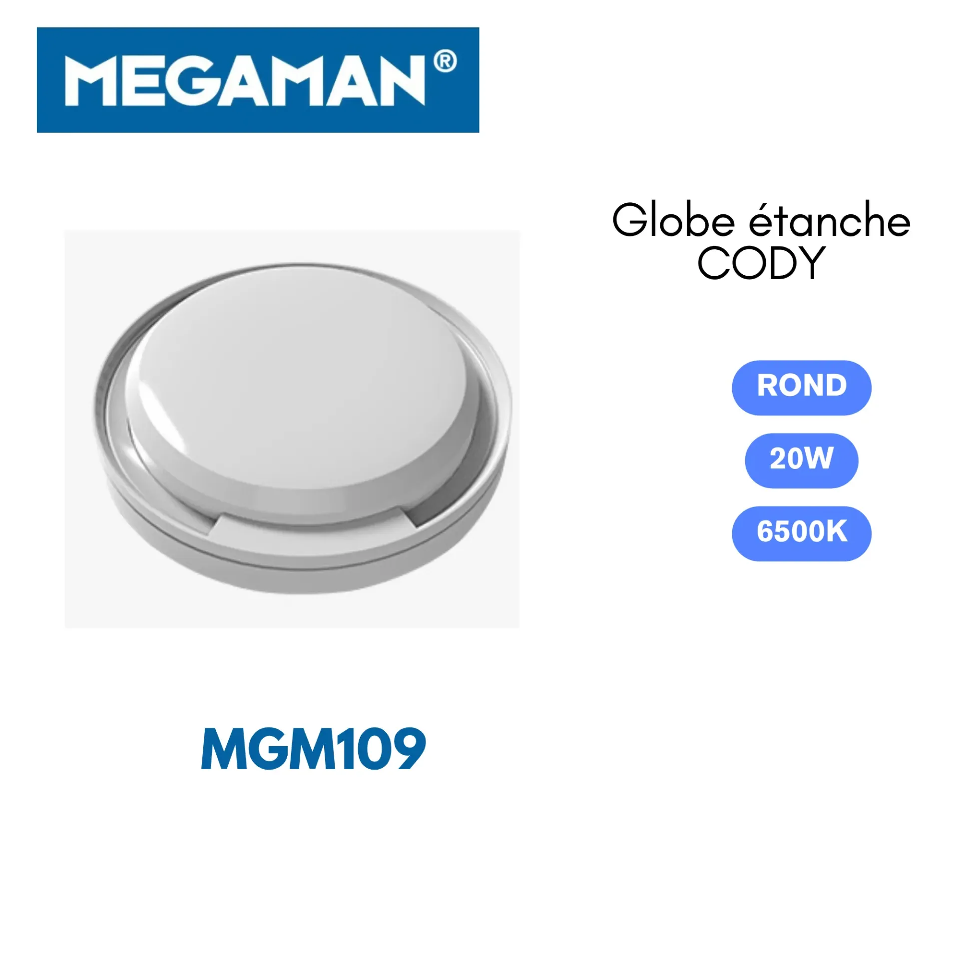 [MGM109] Globe etanche led rond 20w 6500k Cody Megaman (20pcs/ct)
