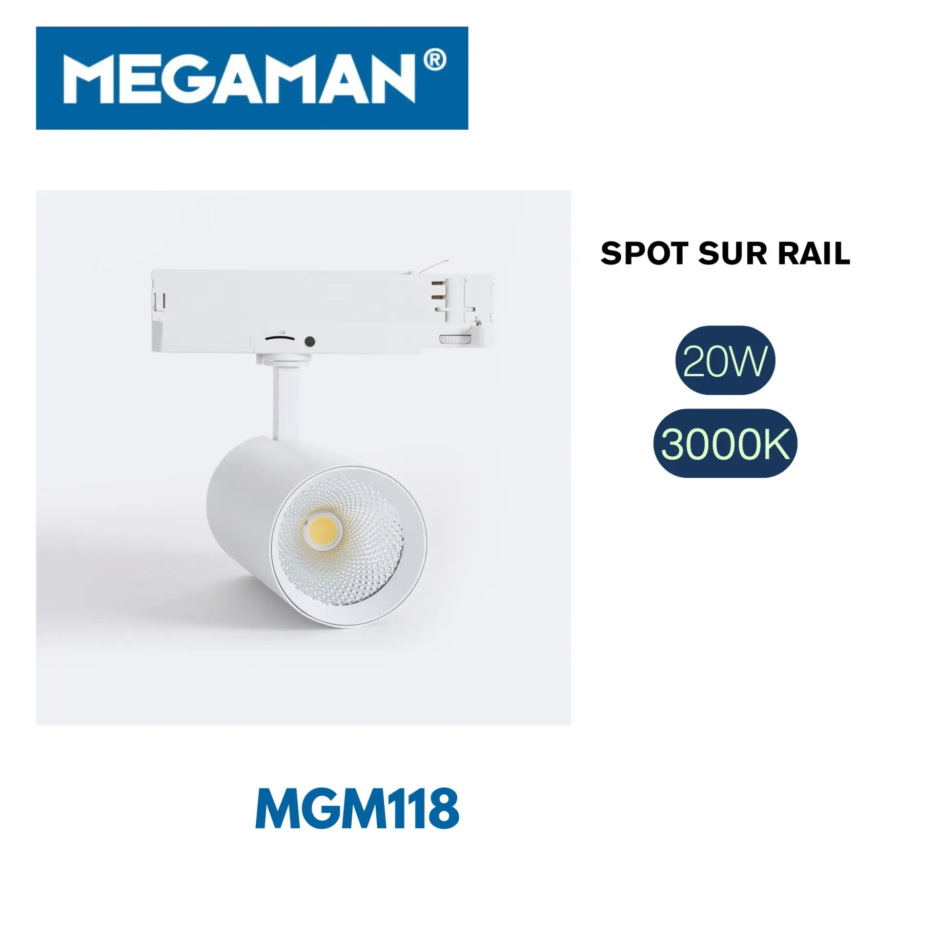 [MGM118] Spot sur rail blanc 20w 3000k Doris Megaman (30pcs/ct)