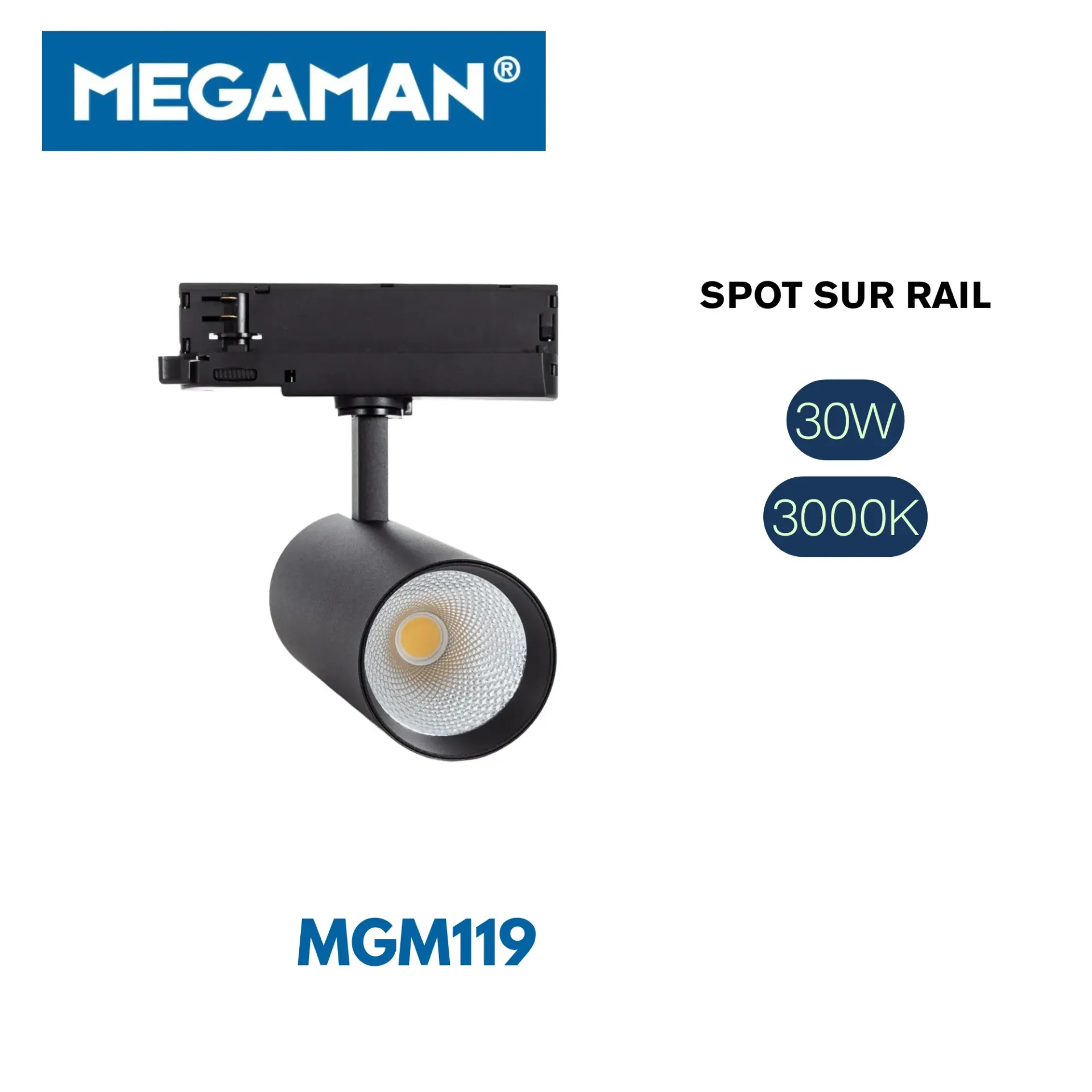 [MGM119] Spot sur rail noir 30w 3000k Doris Megaman (20pcs/ct)
